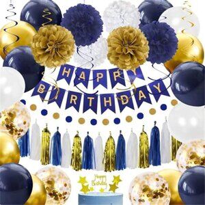 Navy Blue Gold Birthday Party Decorations Banner Balloons Tassels Pompoms Set